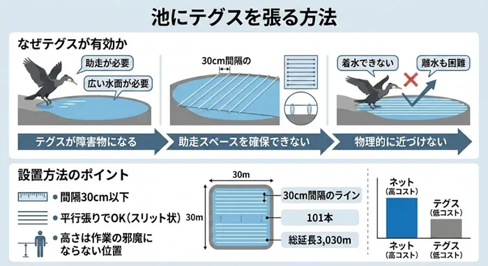 カワウ対策でテグスの張り方