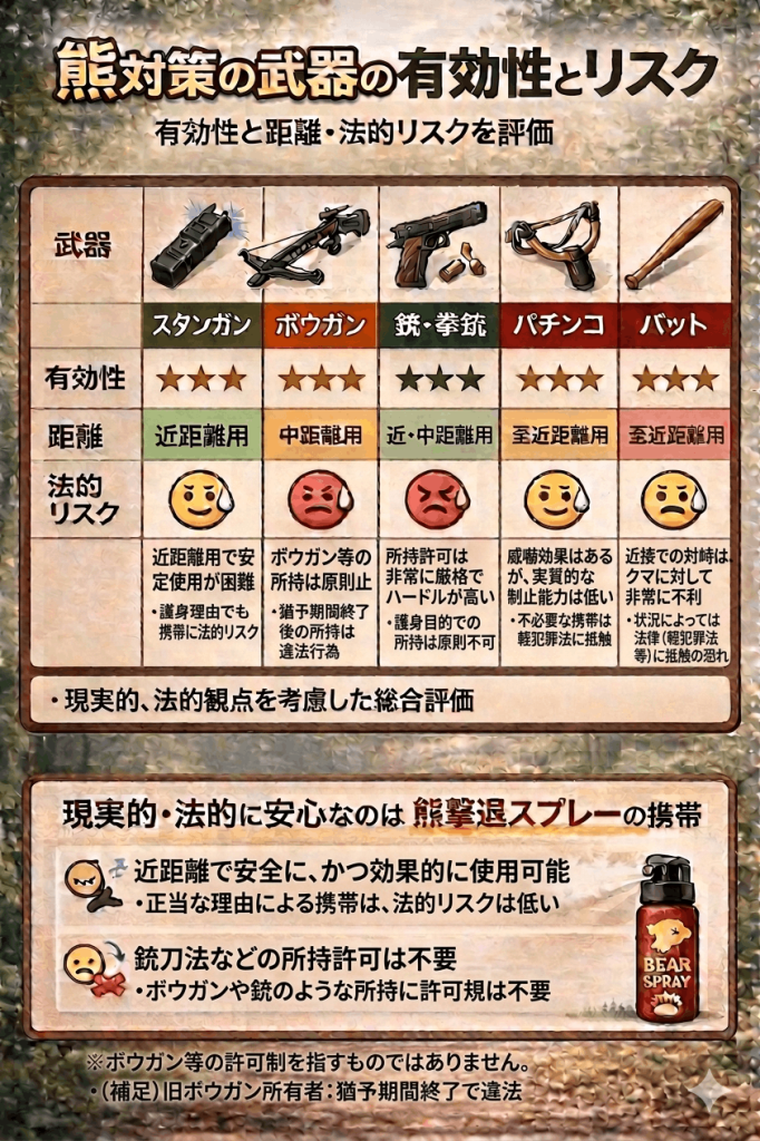 熊対策の武器比較（有効性・距離・法的リスク）