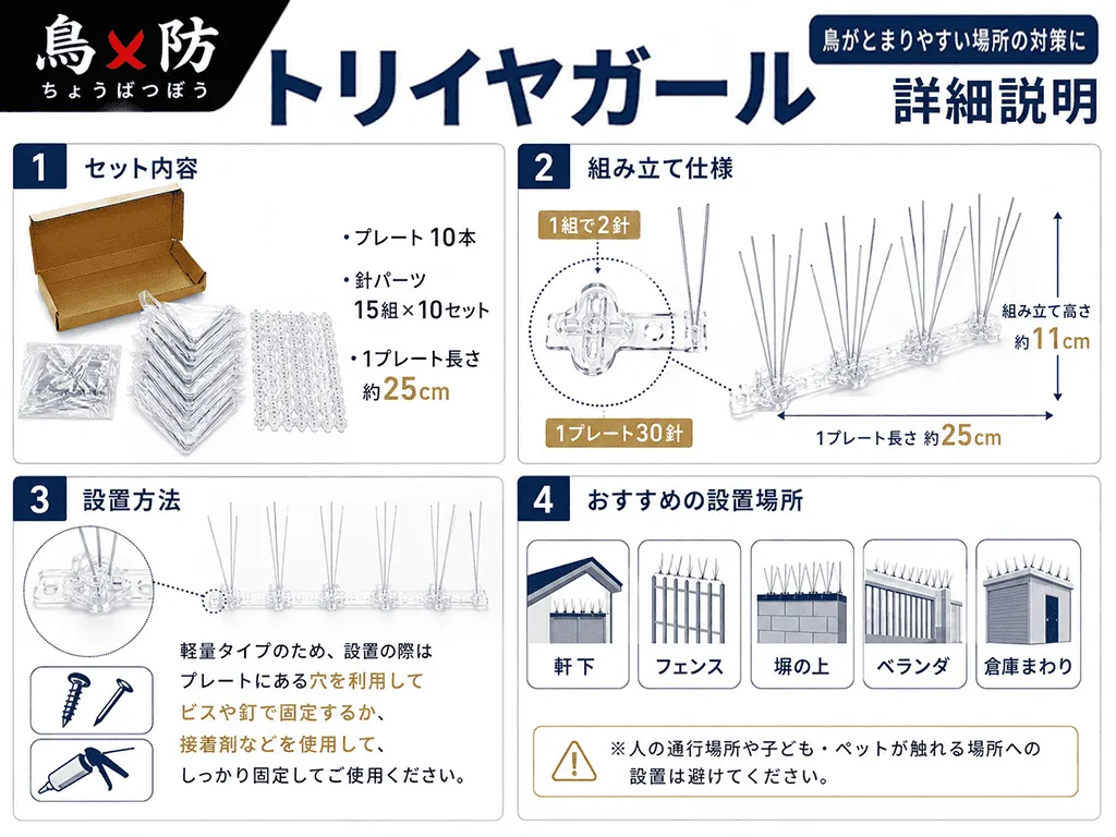 防鳥スパイク 25cm×10本|SUS304針・透明プラスチック台座 - 画像 (2)
