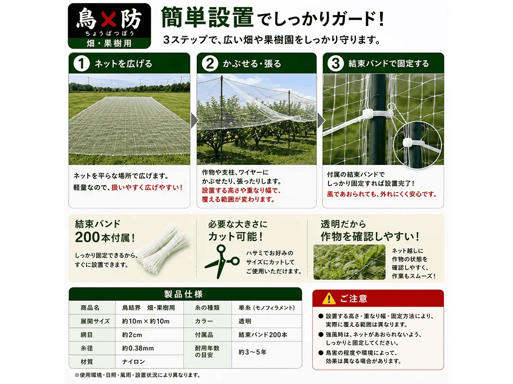 鳥結界 高品質防鳥ネット 10×10m（100㎡）｜鳥×防シリーズ・20mm網目