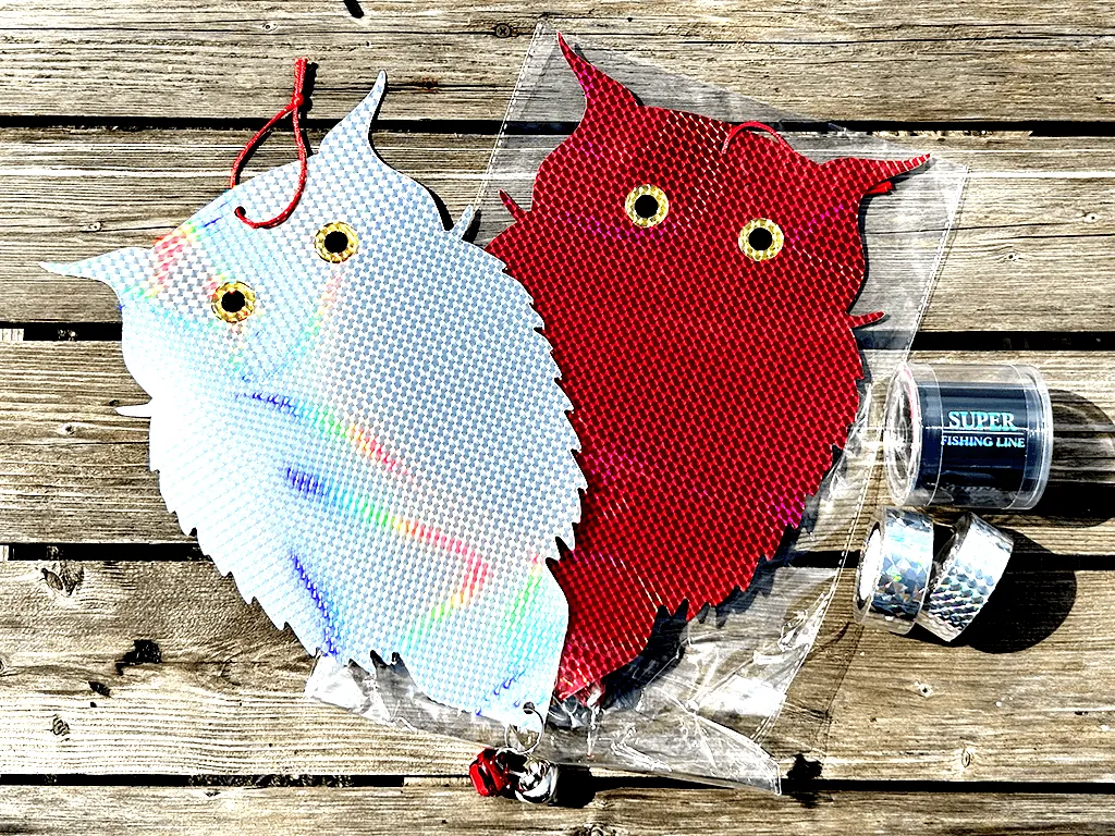 鳥よけ対策5点セット|フクロウ反射板2枚・花柄/格子柄反射テープ各1巻・黒糸1巻