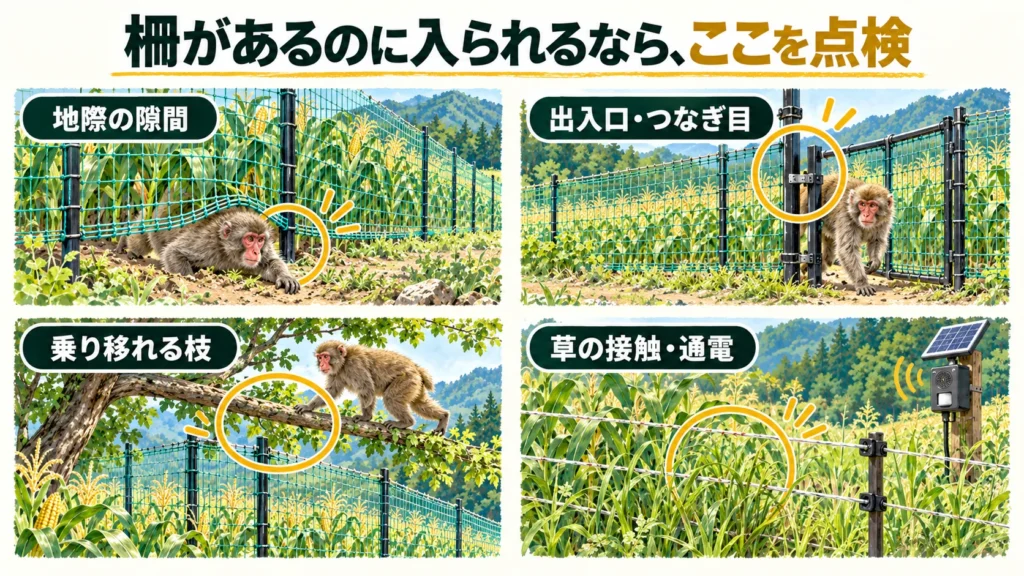 柵があるのにサルが入ってくるときの点検箇所